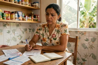 Mère réunionnaise calculant son budget familial pendant les vacances scolaires de La Réunion avec des reçus et une liste de fournitures scolaires sur la table