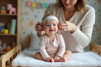 Maman mesurant la tête de son bébé souriant