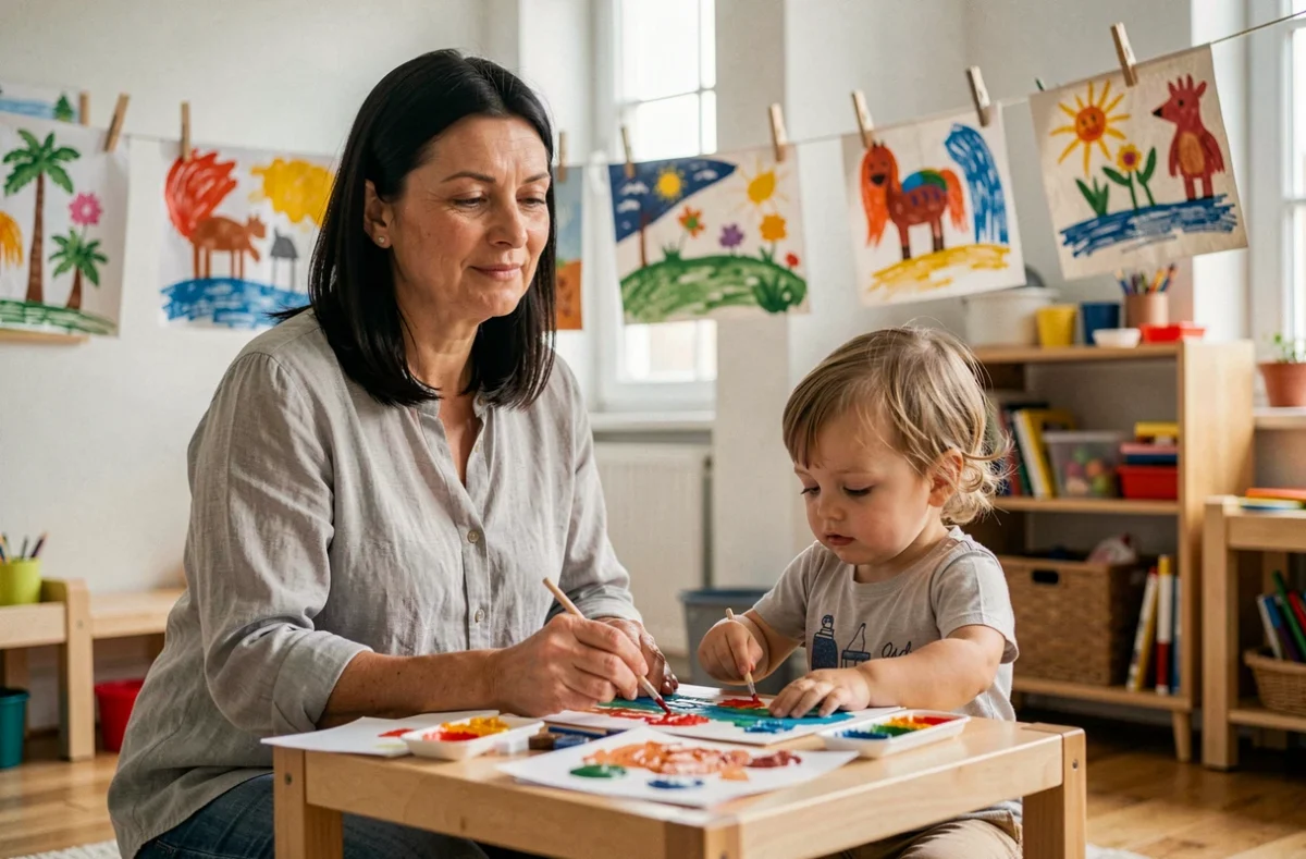 Miriam, assistante maternelle à Ghyvelde, accompagnant un enfant dans une activité de peinture aux doigts
