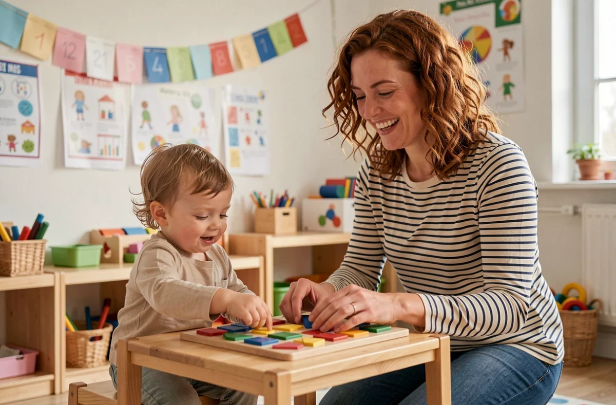 Nounou Véro, assistante maternelle dans le Nord, aidant un enfant avec un puzzle en bois