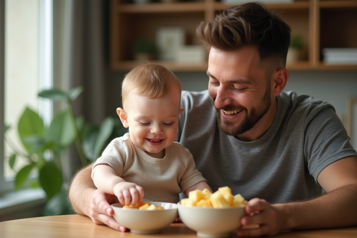 Père tenant sa fille en train de manger des morceaux de pomme