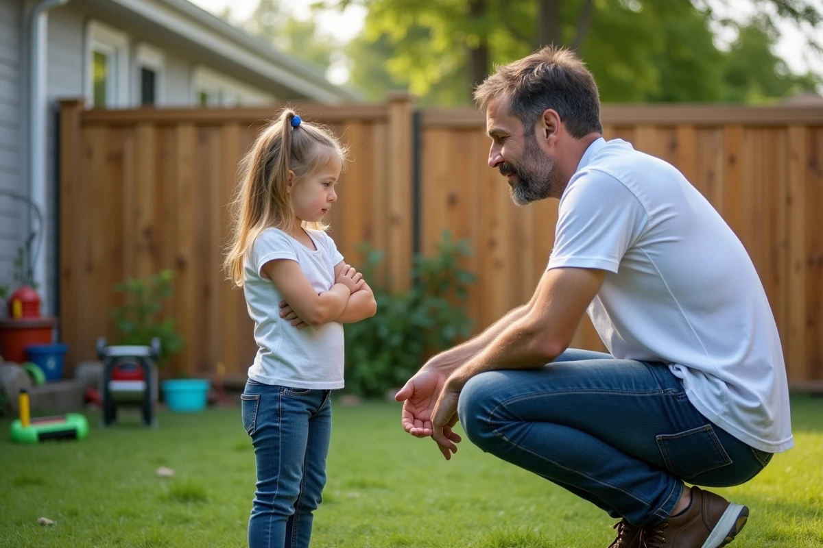 Père et fille parlent dans le jardin familial en été