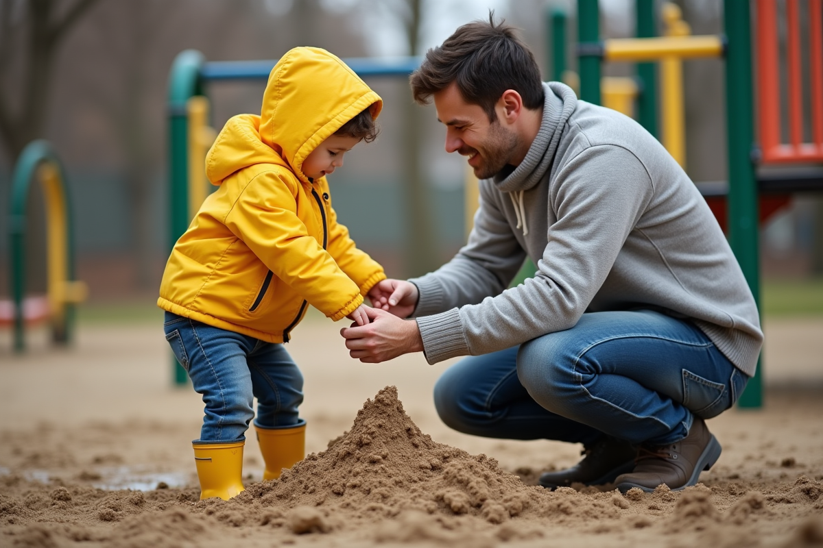 Père aidant son fils à reconstruire un château de sable au parc