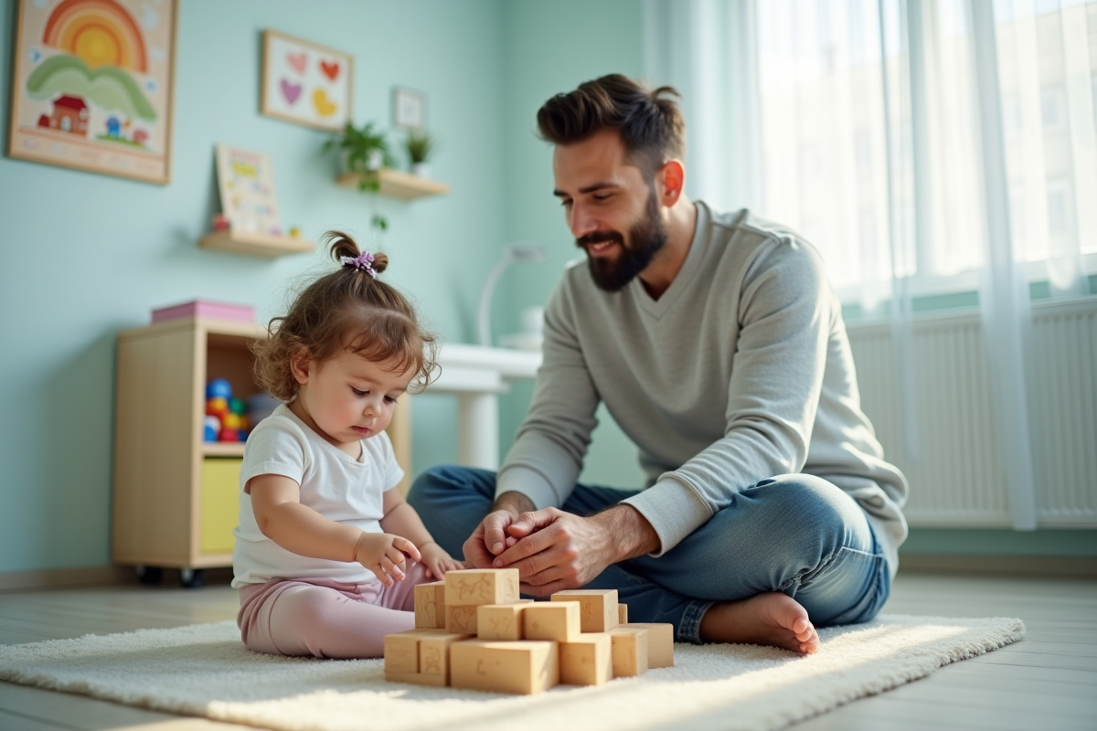 Père et fille jouent avec des blocs dans un cabinet médical