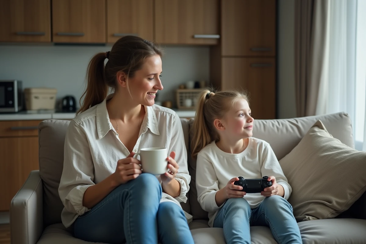 Mère fatiguée soulagée pendant que sa fille joue calmement à la PS5 dans le salon