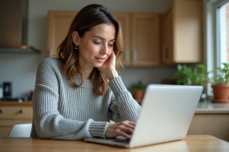 Mère employeur ouvrant un compte Top Assmat sur son ordinateur portable dans sa cuisine