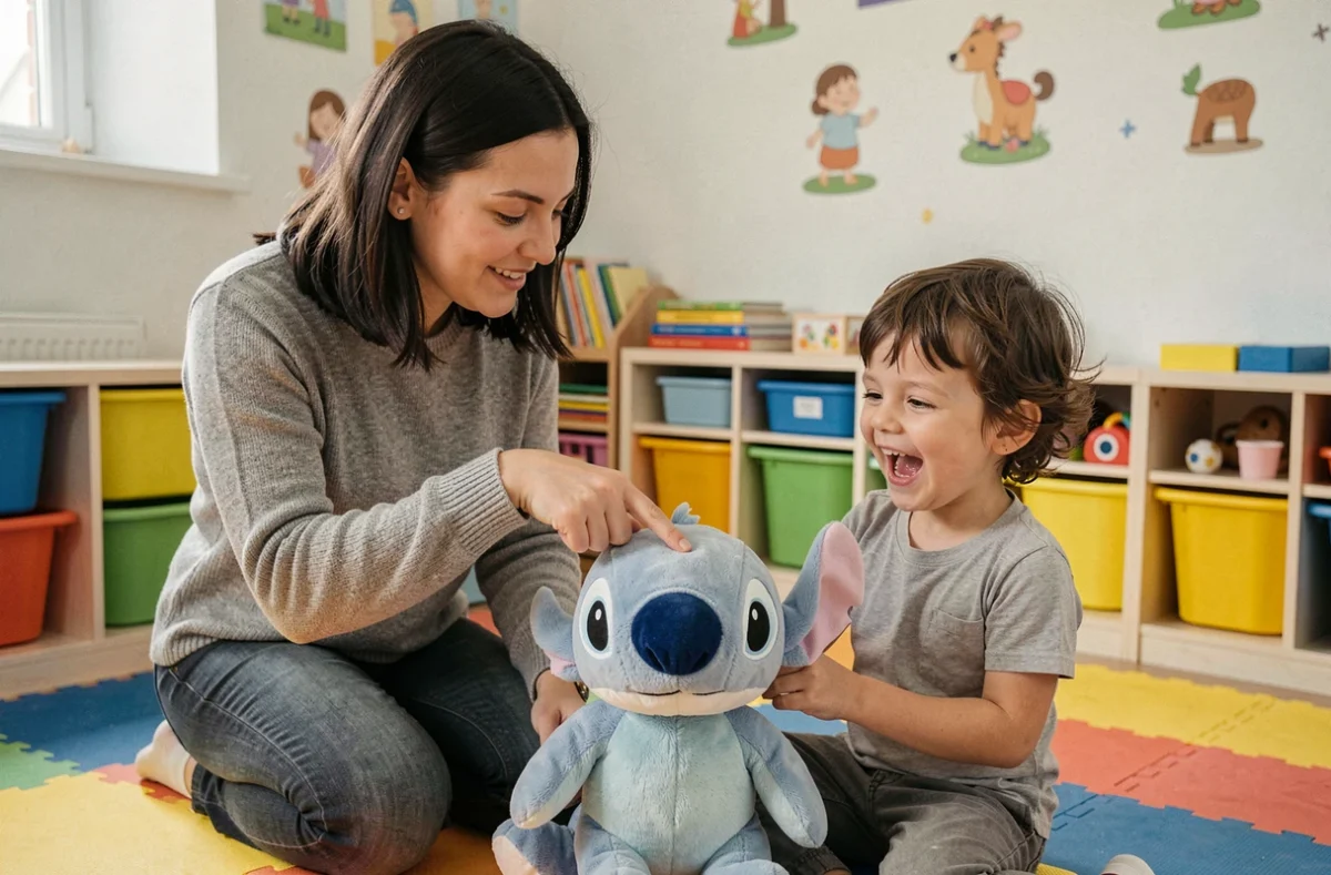 Mère et enfant de 5 ans interagissant avec une peluche Stitch dans une salle de jeux colorée