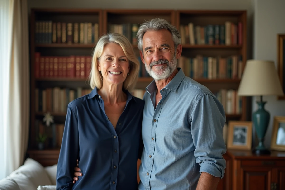 Parents d'Aurore Malval, couple d'âge mûr dans un salon bourgeois provincial avec bibliothèque et photos de famille