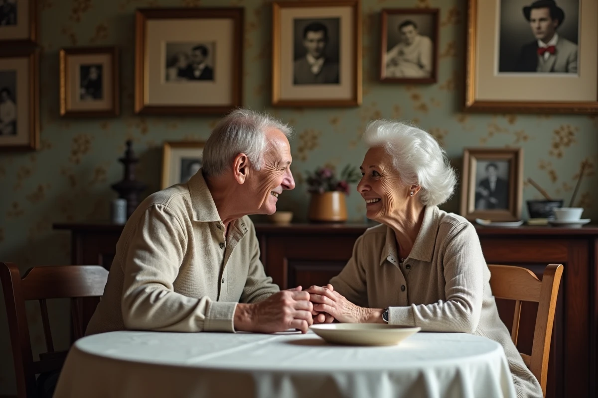 Couple de parents âgés assis à une table familiale avec des photos de famille au mur, illustrant les origines et l'histoire familiale d'une personnalité médiatique