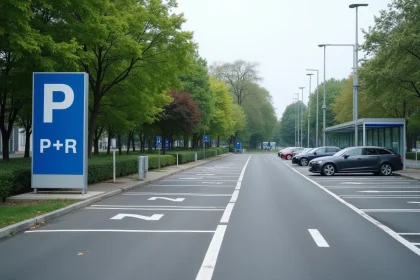 Vue extérieure du parking P+R Le Cardo à Orvault avec signalétique bleue et places de stationnement marquées