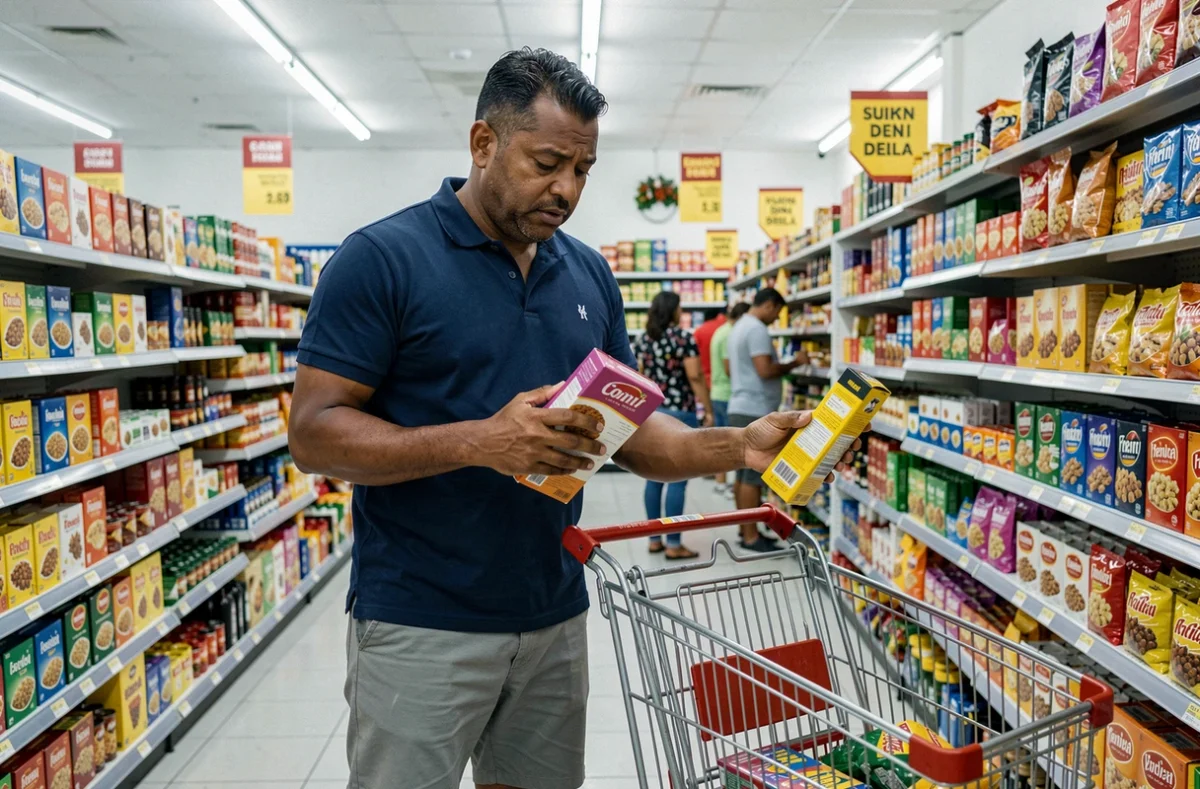 Père réunionnais comparant les prix dans un supermarché pendant les vacances scolaires de 974 pour gérer le budget familial