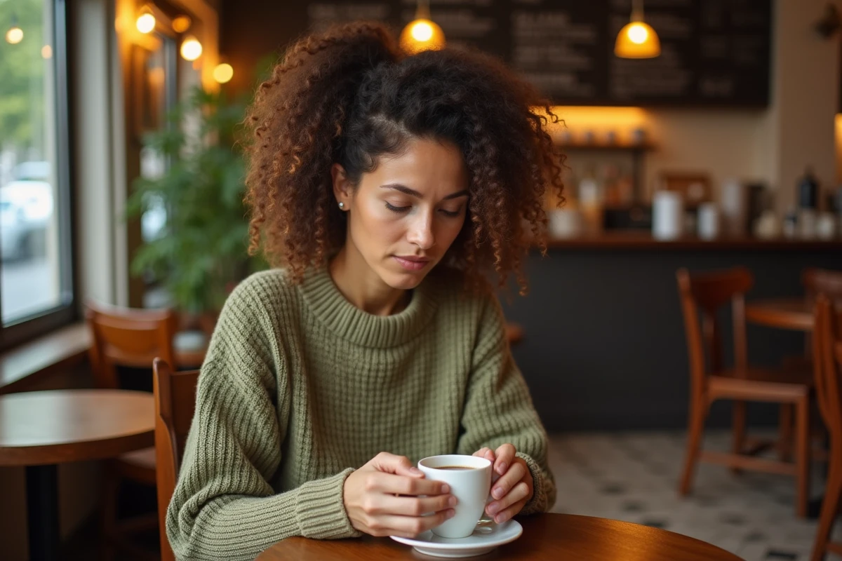 Femme aux cheveux naturels attablée dans un café parisien, tenant une tasse de café, air songeur et introspectif, portrait éditorial chaleureux