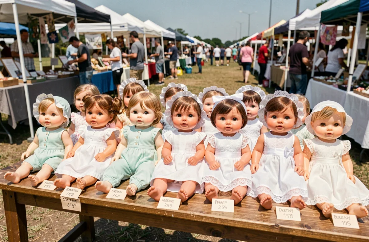 Plusieurs poupées reborn filles exposées sur une table de marché artisanal en plein air avec étiquettes de prix