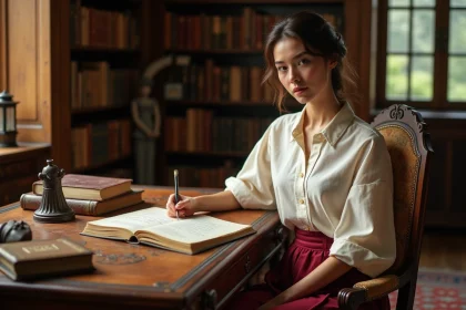 Jeune femme élégante feuilletant un livre ancien de prénoms féminins dans une bibliothèque chic au style vintage