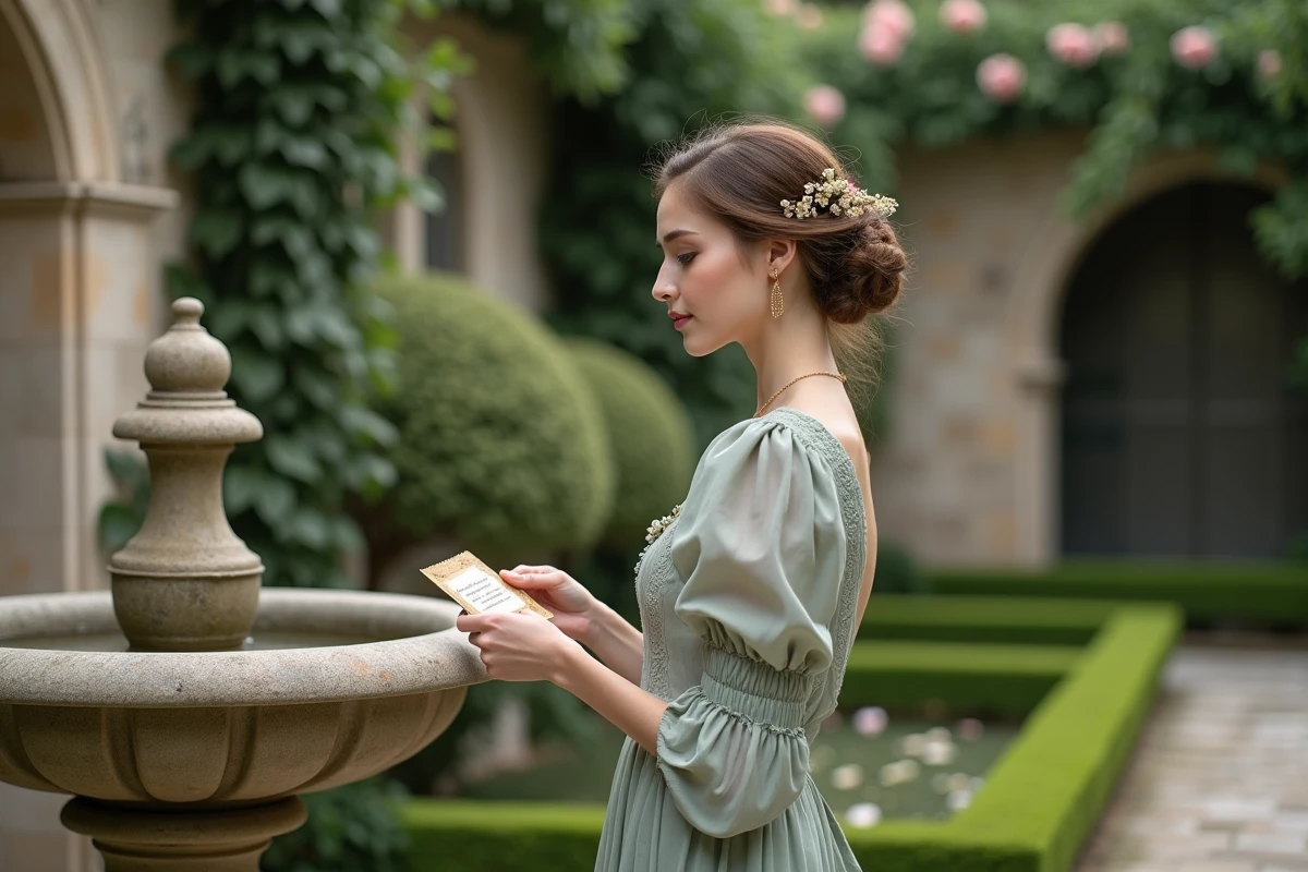 Femme en robe verte élégante tenant un carton de prénom ancien devant une fontaine en pierre dans un jardin à la française