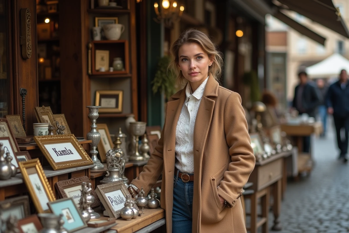 Femme chic en manteau camel inspectant des plaques de prénoms gravés anciens sur un marché aux puces parisien