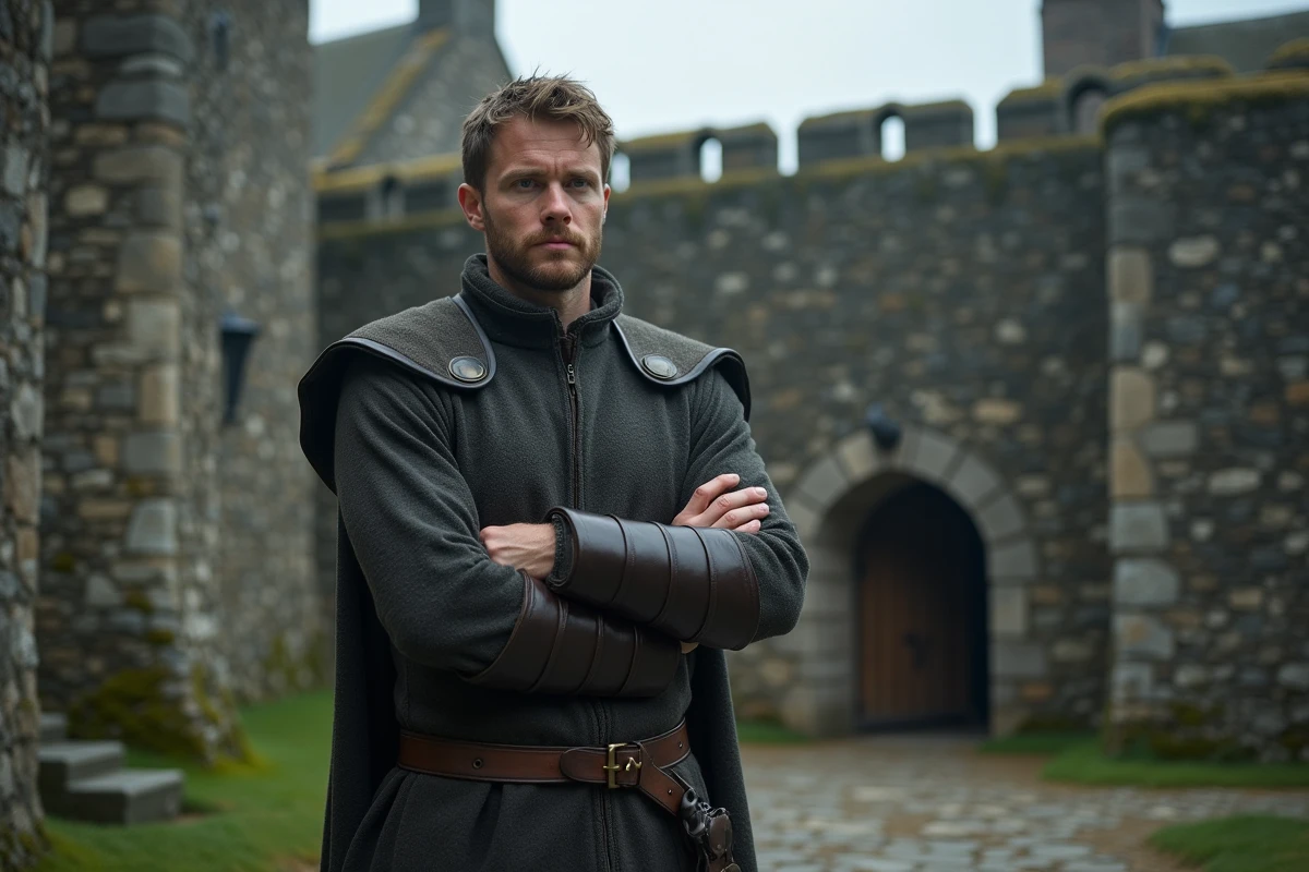 Homme en tenue médiévale dans une cour de château en pierre évoquant l'origine royale du prénom Arthur