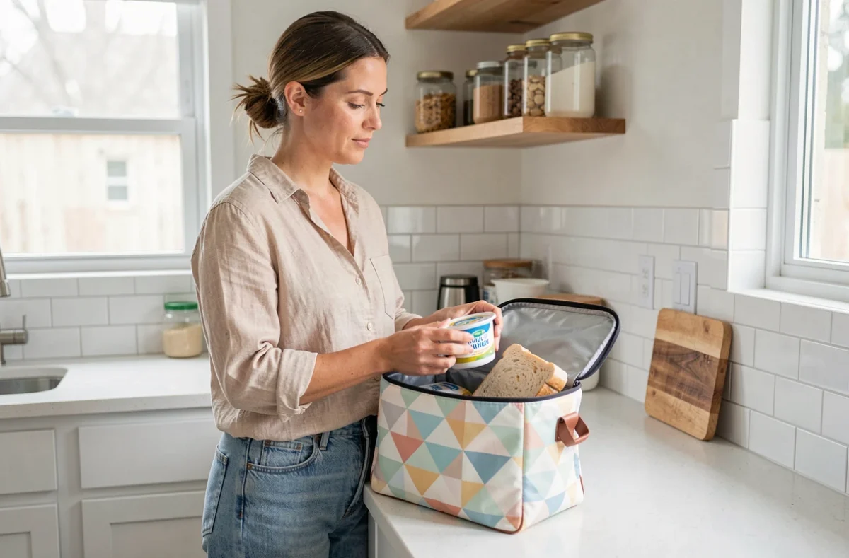 Maman préparant le sac à goûter isotherme de son enfant dans une cuisine moderne