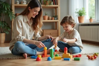 Mère et enfant de 4 ans triant et réorganisant des jouets colorés sur le parquet d'un salon chaleureux