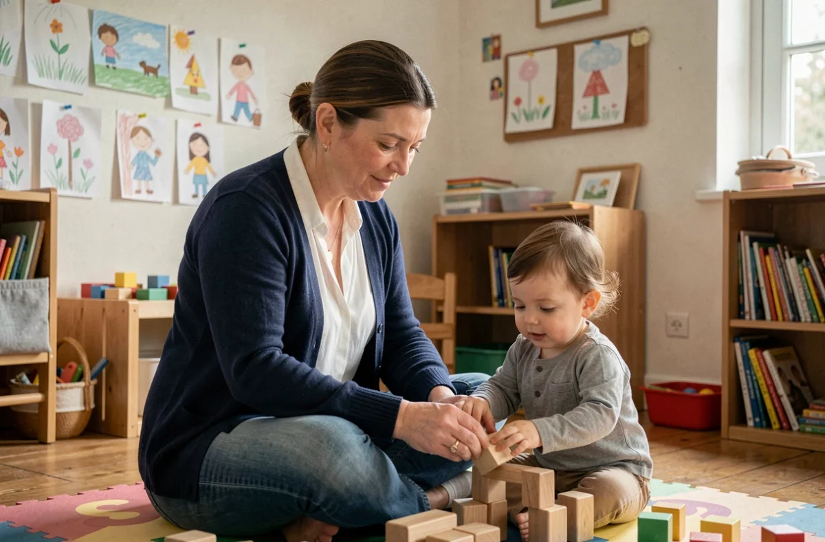 Ségolène, assistante maternelle à Lewarde, jouant avec un enfant en bas âge sur un tapis coloré