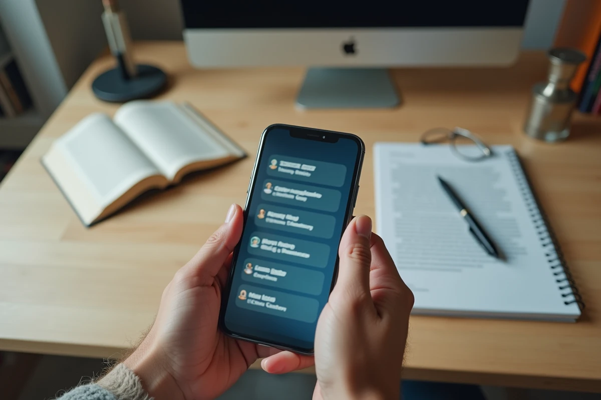 Mains tenant un smartphone affichant une interface de type fiche scolaire, illustrant les risques de données personnelles sur MaFicheClasse