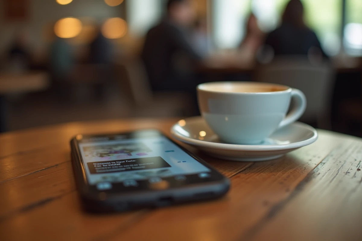 Smartphone posé sur une table de café avec un fil de réseaux sociaux flou, symbolisant la propagation d'une rumeur en ligne