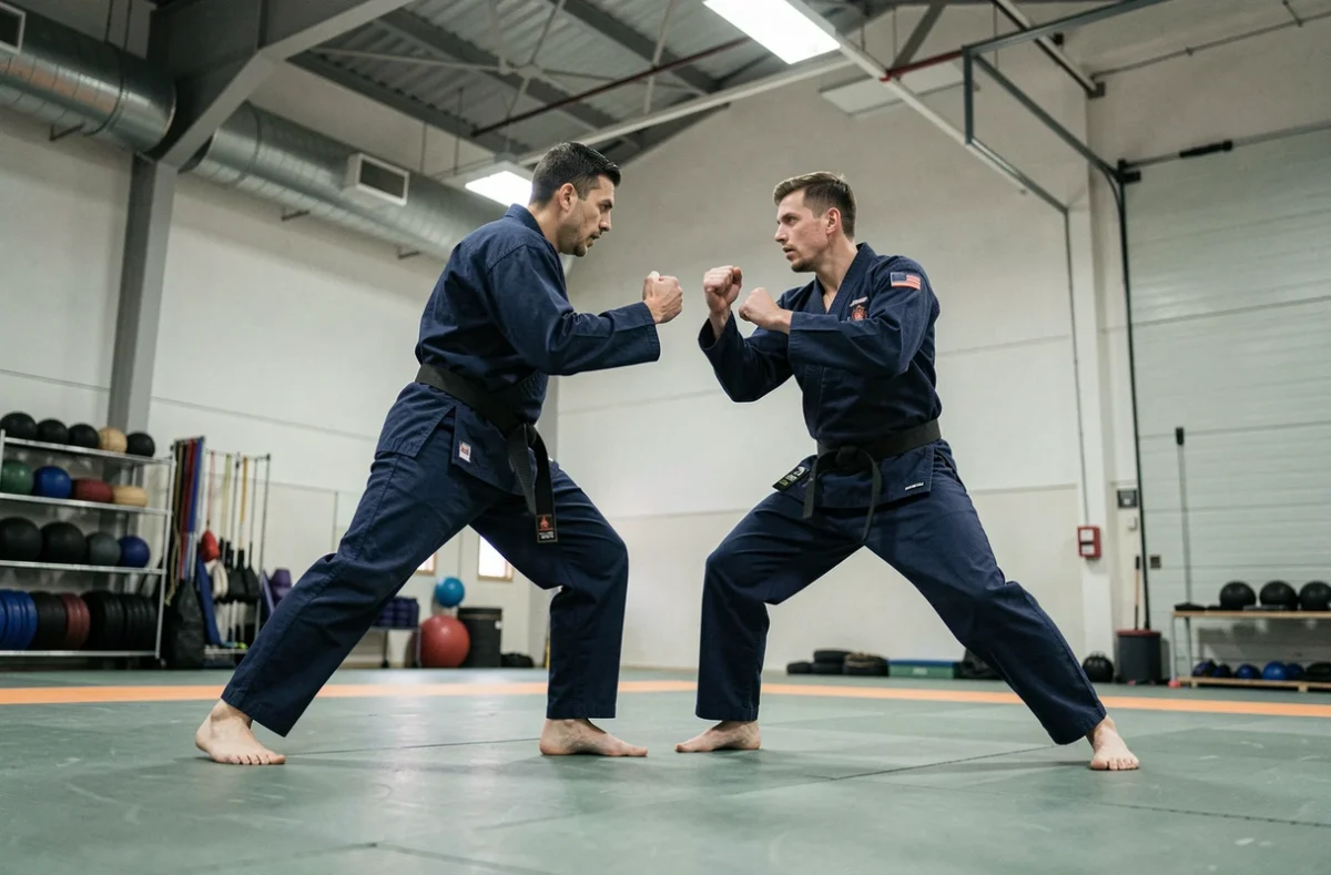 Deux combattants en tenue de sport effectuant une séquence de sparring dans une salle de sport professionnelle