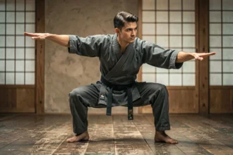 Pratiquant d'arts martiaux en gi sombre adoptant une posture de combat précise dans un dojo japonais traditionnel