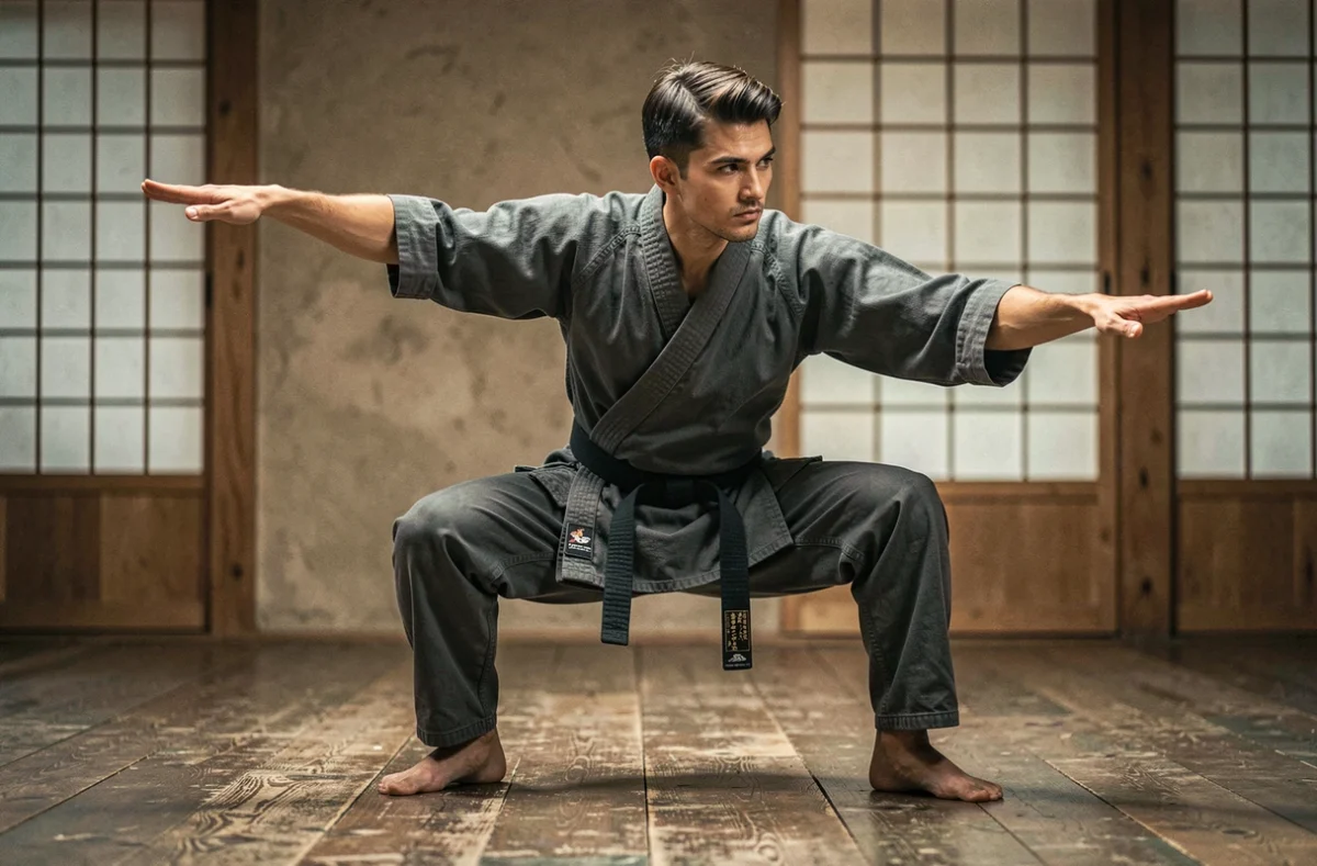 Pratiquant d'arts martiaux en gi sombre adoptant une posture de combat précise dans un dojo japonais traditionnel