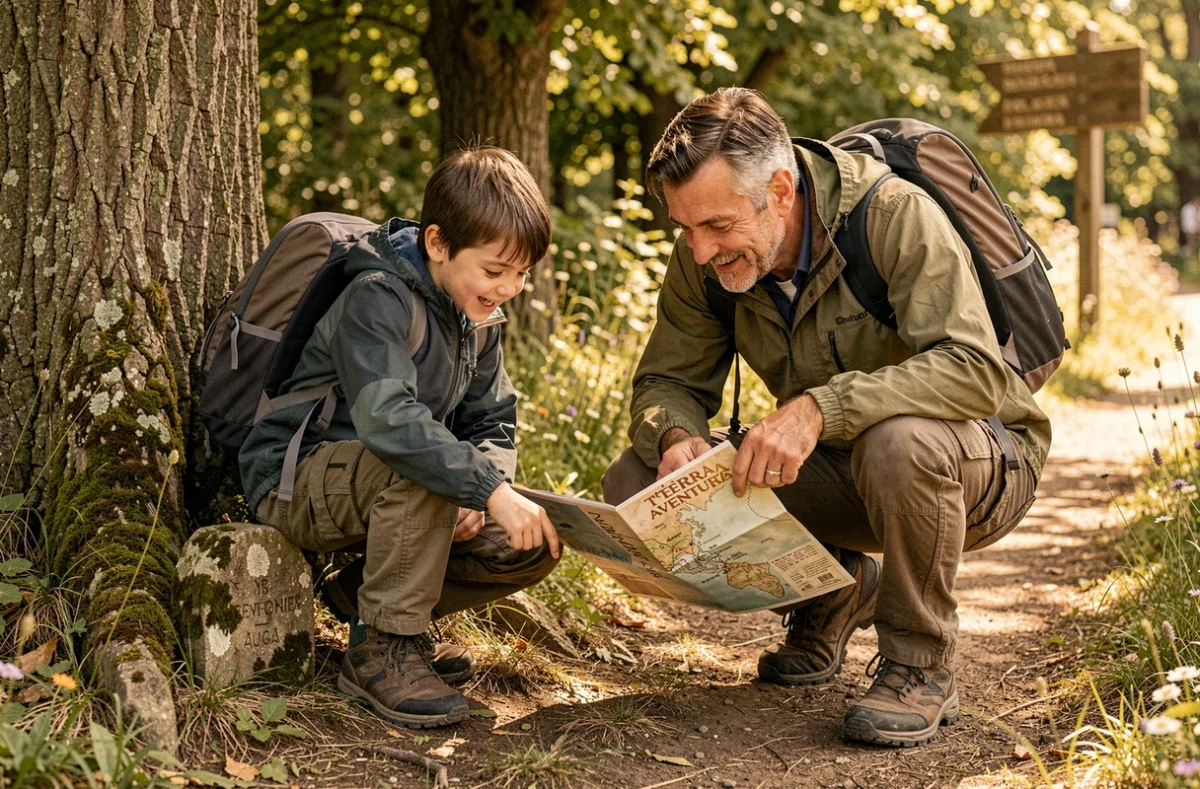 Un père et son fils cherchant un trésor caché avec une carte Tèrra Aventura dans la forêt de Nouvelle-Aquitaine