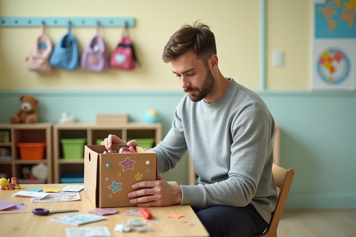 Éducateur transformant une boîte en carton en rangement de jouets créatif dans une salle de jeux pour enfants