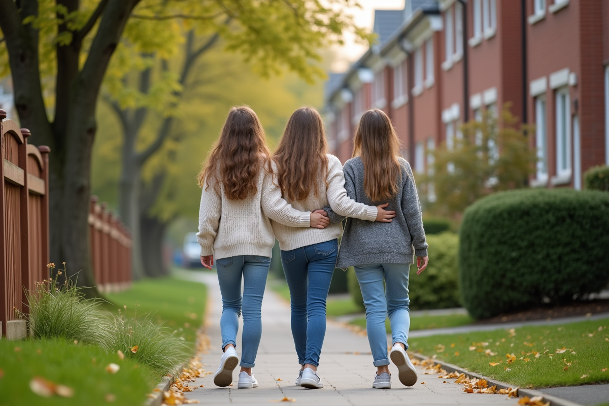 Trois adolescentes marchant dans une rue résidentielle