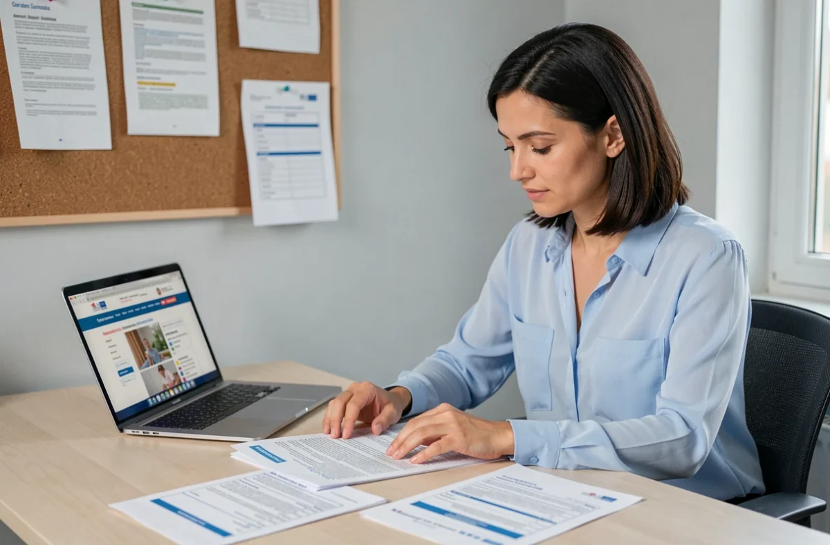 Femme vérifiant les documents d'agrément et d'honorabilité d'une assistante maternelle sur un bureau officiel