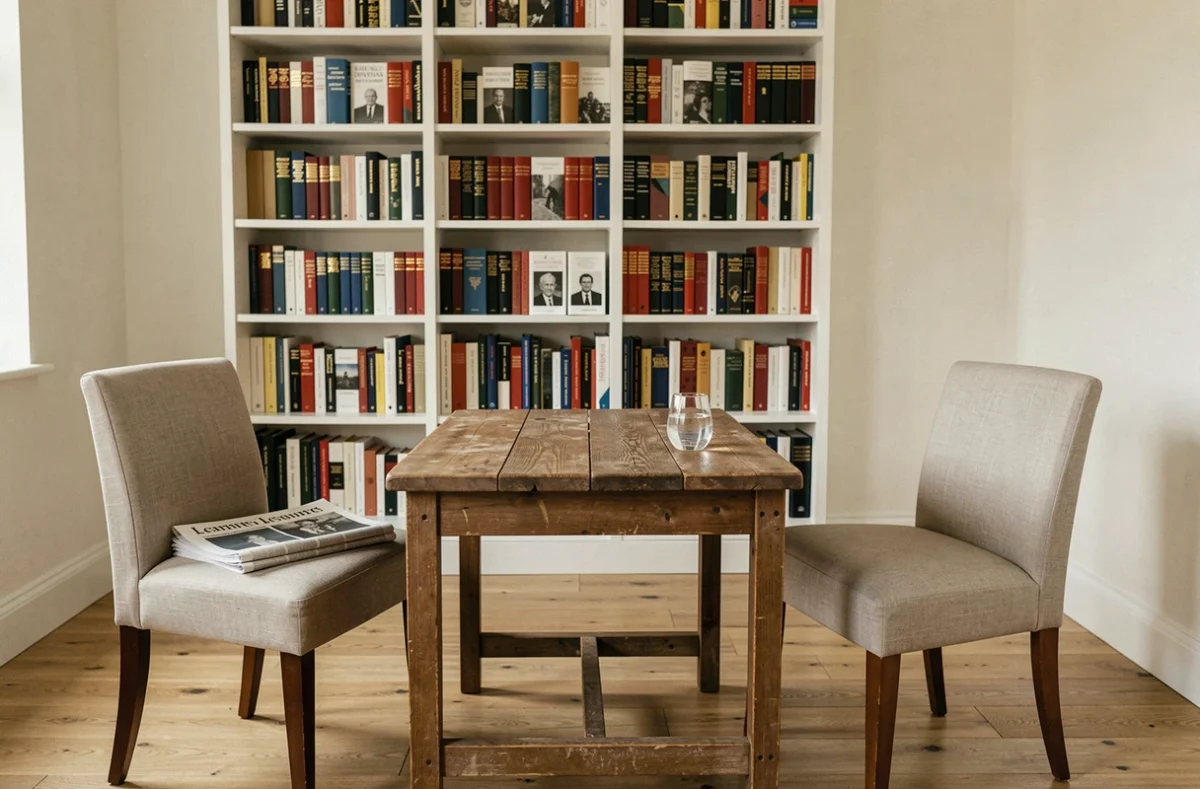 Deux chaises vides face à face dans un bureau intimiste avec des livres, symbole de la vie privée et du mystère entourant le couple Mélenchon