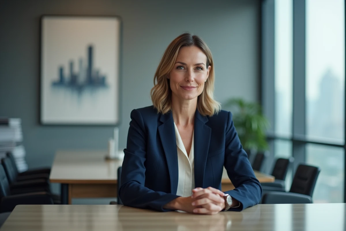 Femme cadre en réunion officielle, entre posture publique et discrétion personnelle, illustrant la dualité vie professionnelle et vie privée