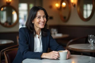 Femme élégante souriante dans un café parisien, illustrant la vie sentimentale et la personnalité chaleureuse d'une journaliste