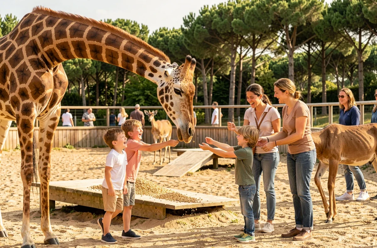 Une famille nourrissant une girafe et des animaux en liberté au Zoo du Bassin d'Arcachon