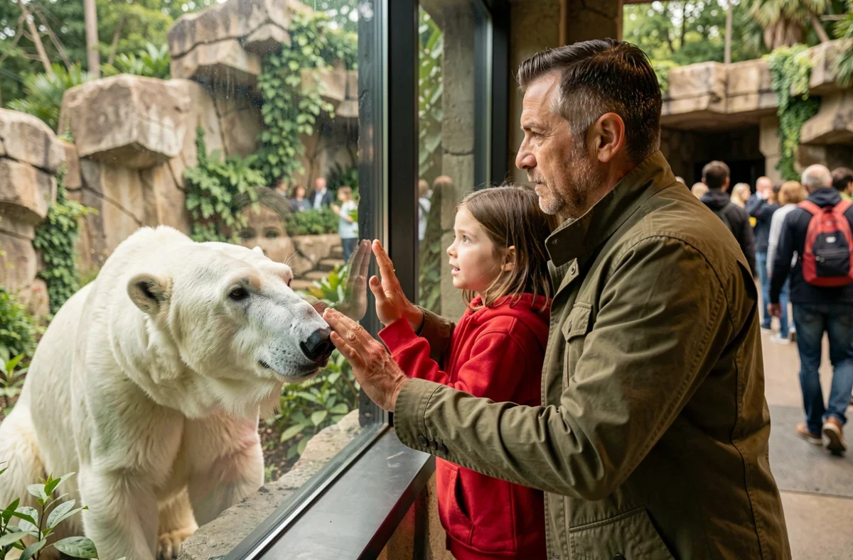 Un père et sa fille observant un ours polaire de près à travers la vitre au Zoo de la Palmyre